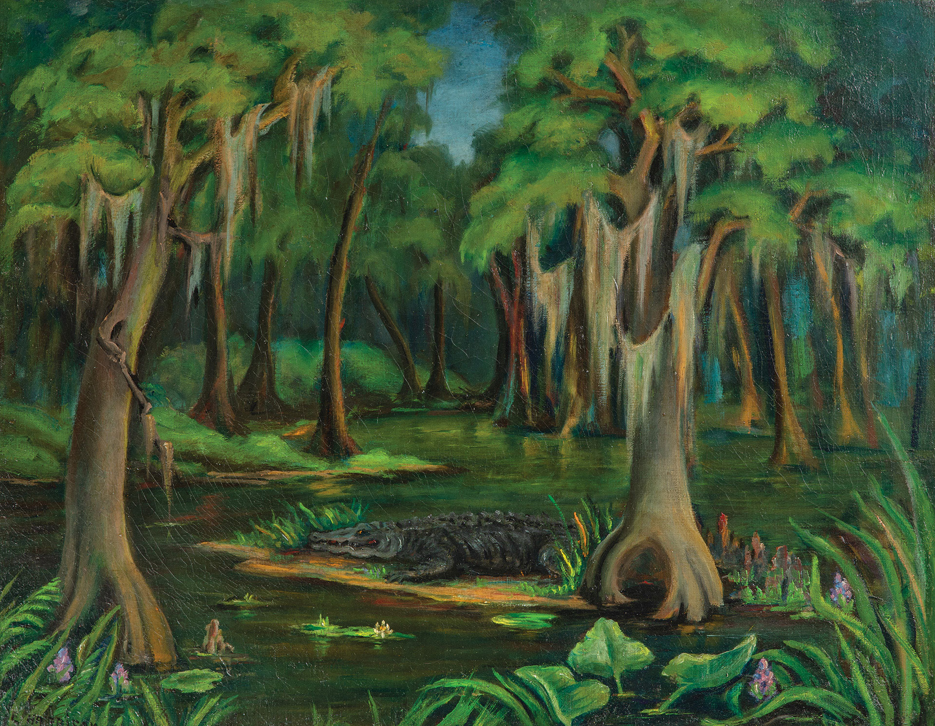 Wildwaters exhibit painting on display showing tress in the wetlands and a crocodile/alligator